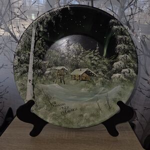 Vintage, Hand Painted Scenic Winter Landscape Decorative Bowl & Stand
